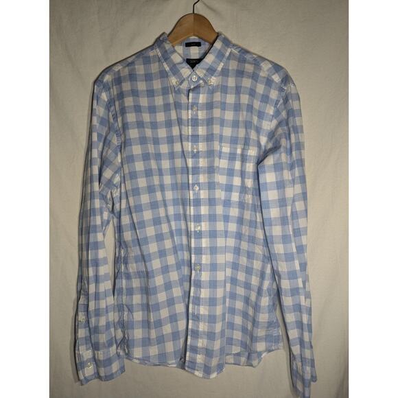 J. Crew Mens Slim Fit Checked Plaid Button Down Shirt Sz L Blue White Cotton - Picture 1 of 3